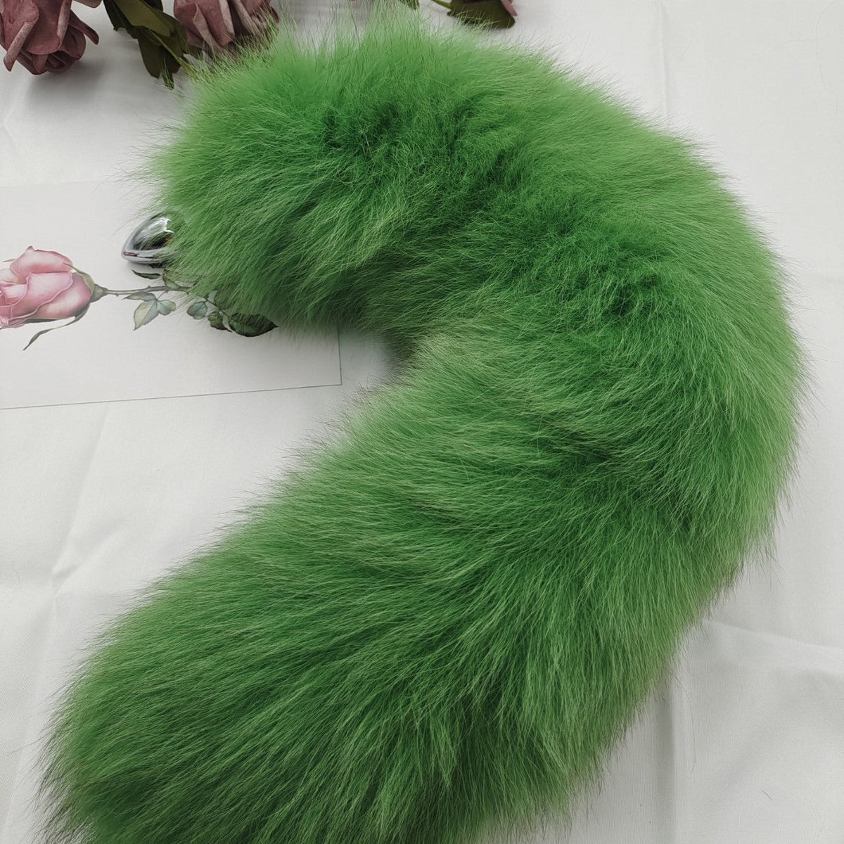 Green fluffy fox fur tail butt plug