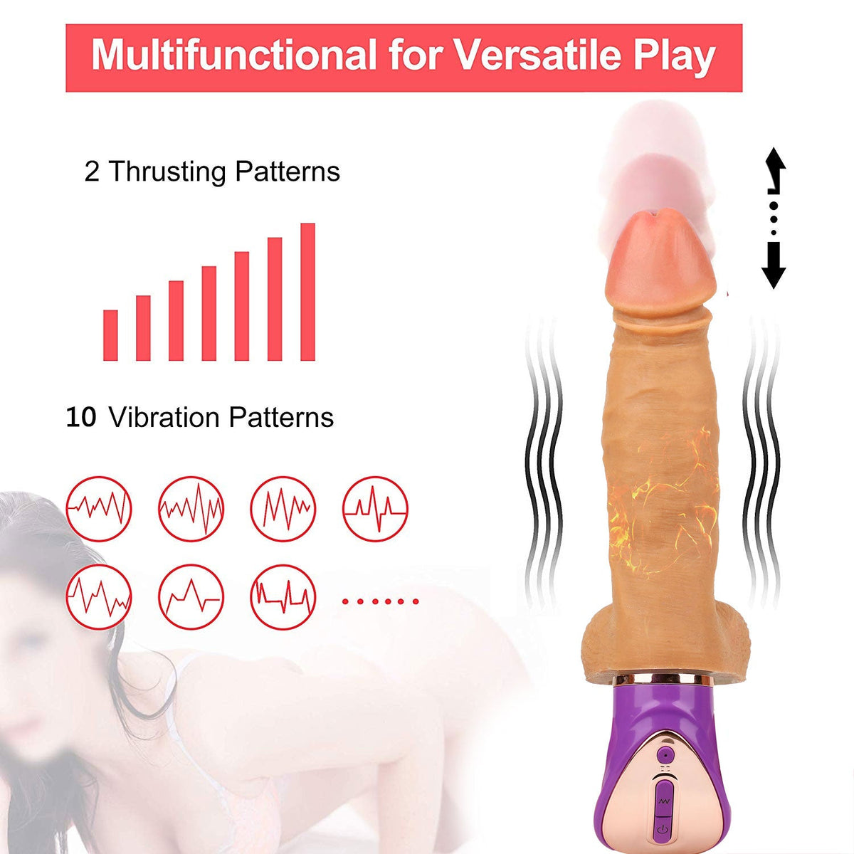 Heated vibrating with handle thrusting dildo