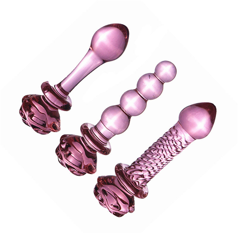 Pink Rose 5 Inch Massage Glass Butt Plug