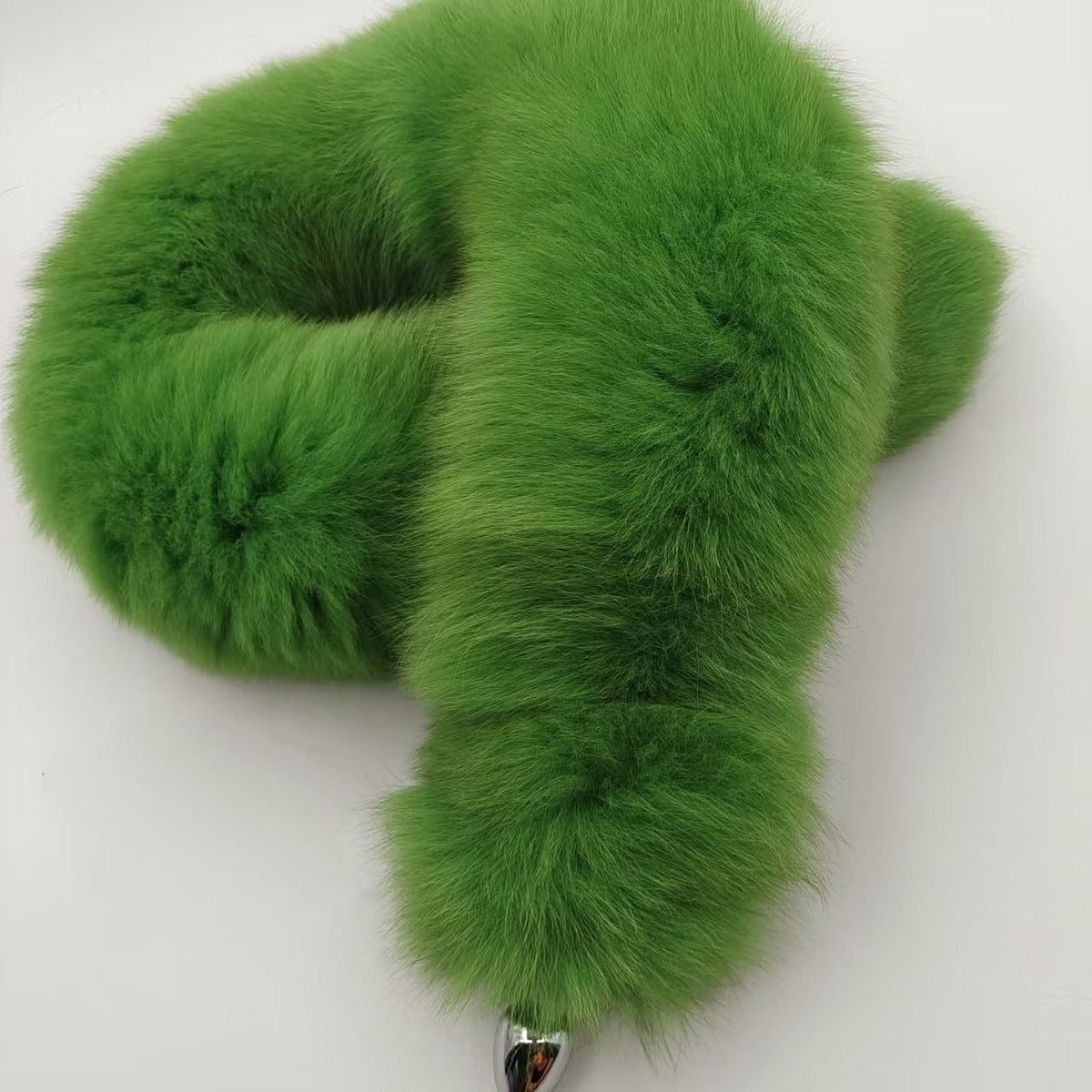 Green fluffy fox fur tail butt plug