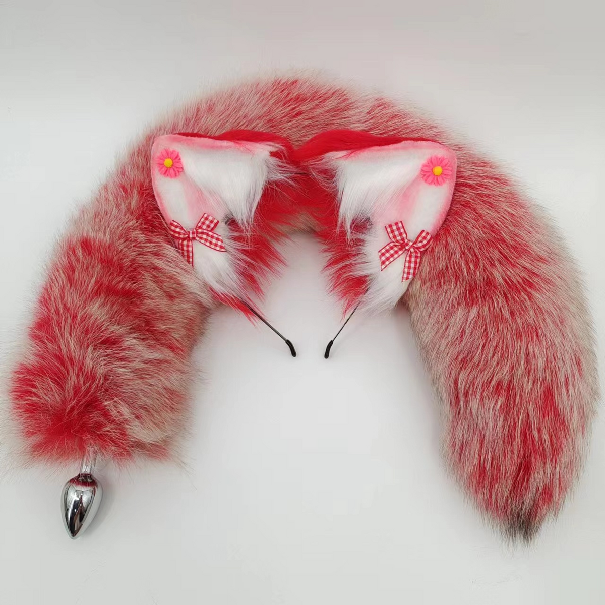 Red fox tail long furry metal butt plug