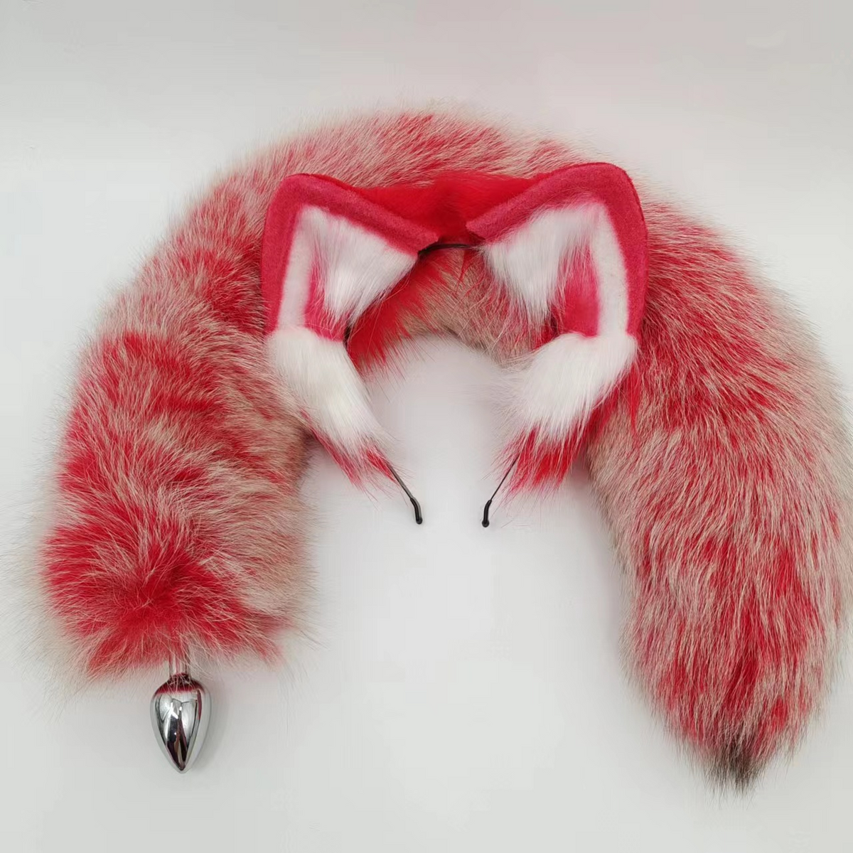Red fox tail long furry metal butt plug