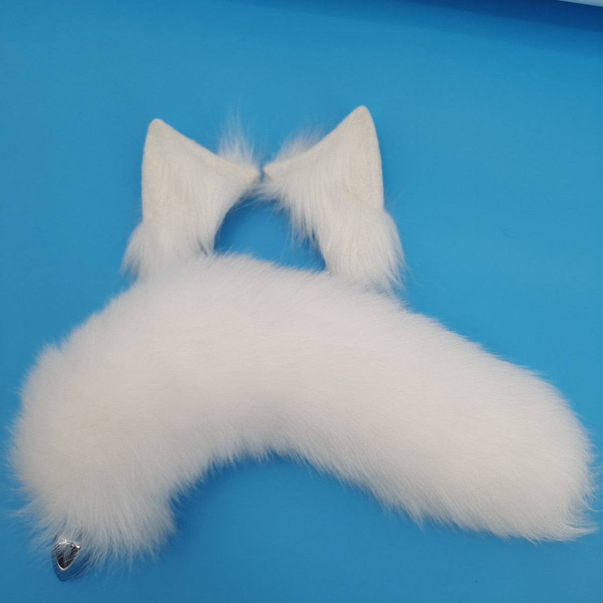 Pure white real fur fox tail butt plug