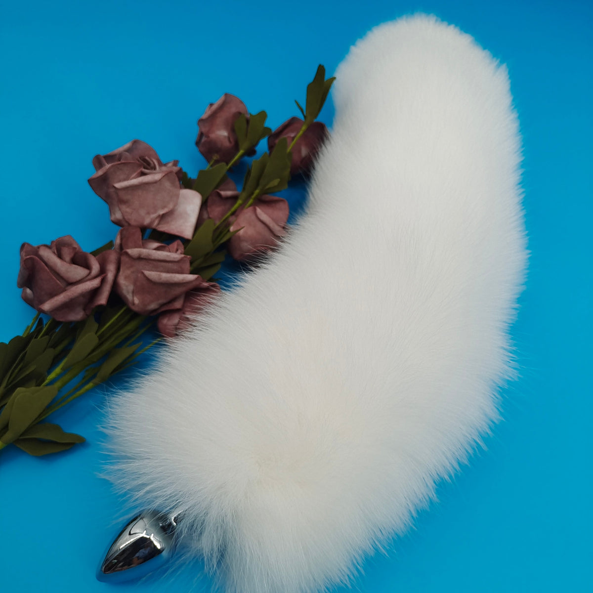 Pure white real fur fox tail butt plug