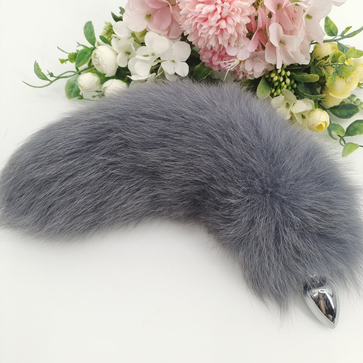 Grey furry fox tail metal butt plug