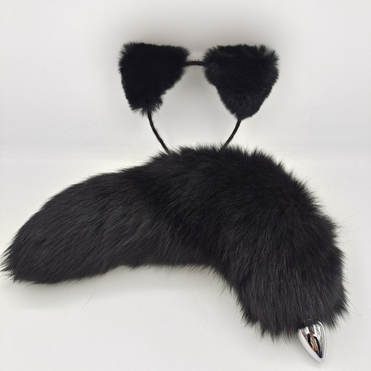 Black real fur fox tail anal plug