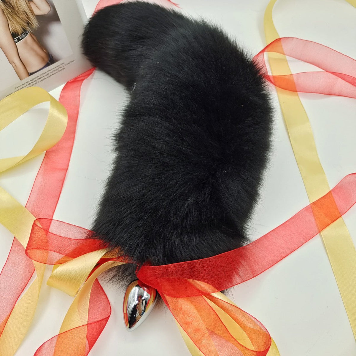 Black real fur fox tail anal plug