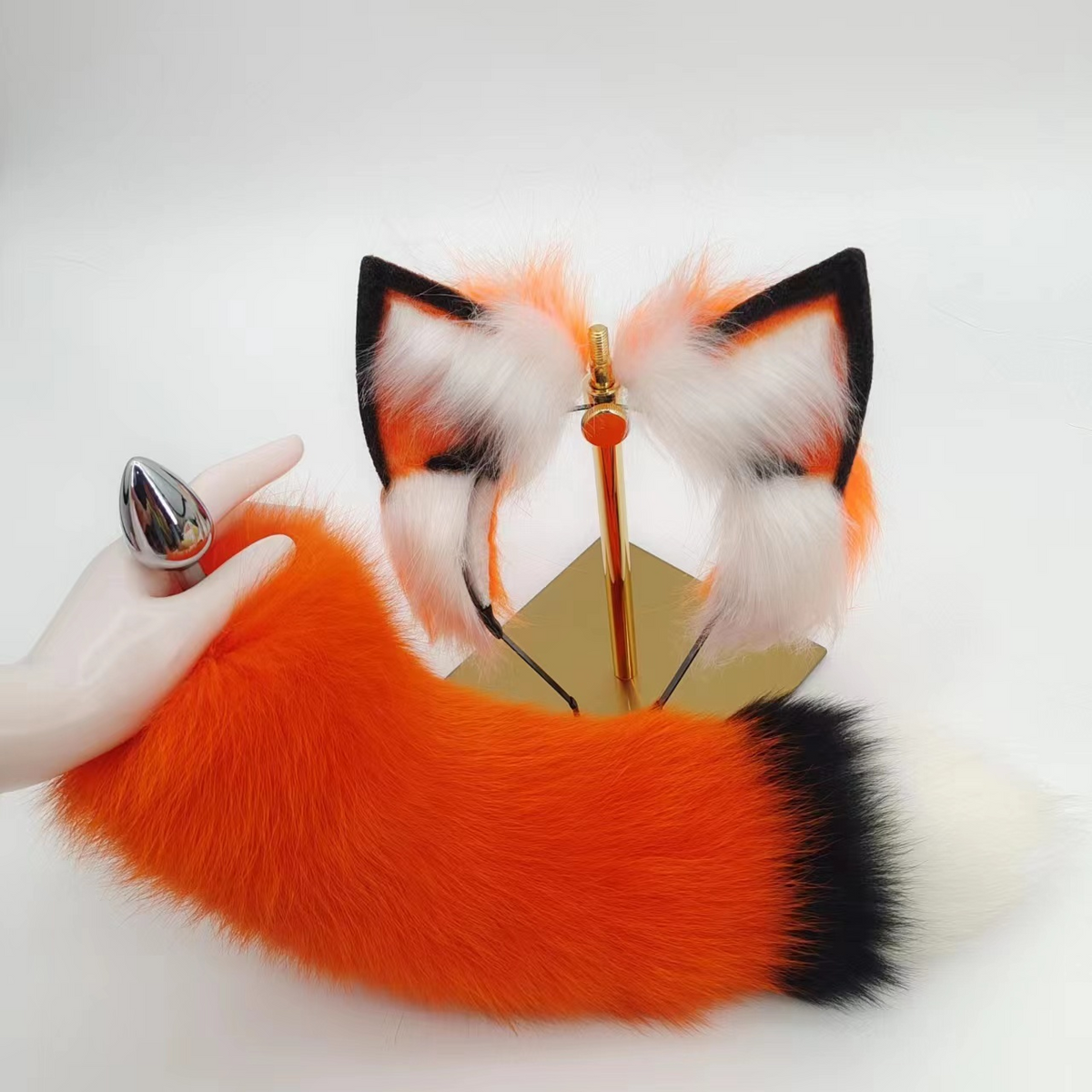 Orange black white furry fox tail butt plug