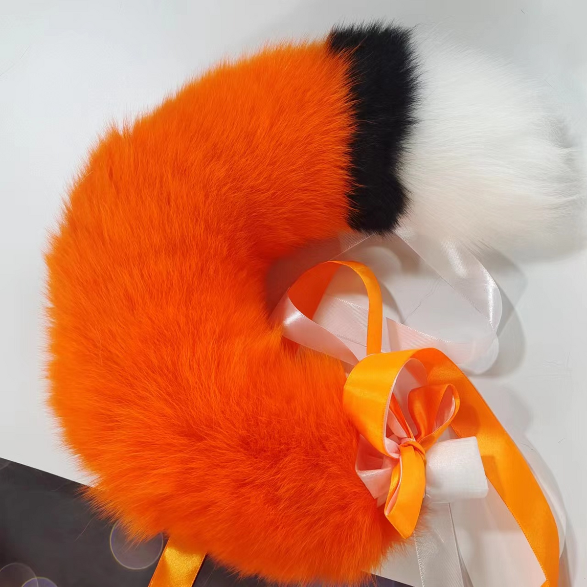 Orange black white furry fox tail butt plug