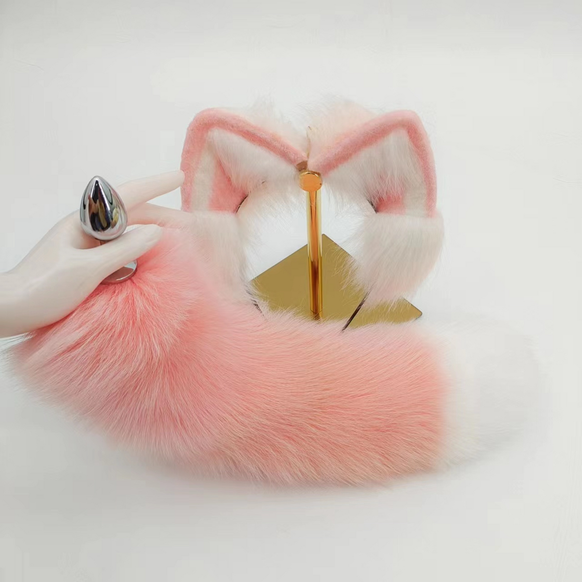 Pink white tip animal fox tail butt plug