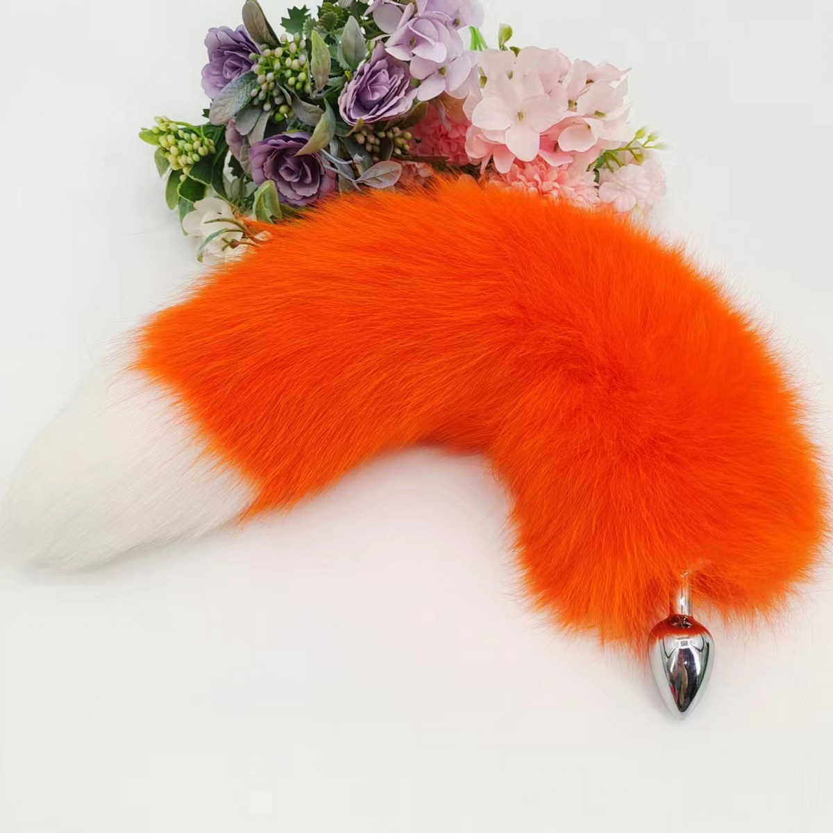 Orange white tip set fox tail butt plug