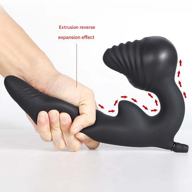 Black textured double penetration inflatable butt plug