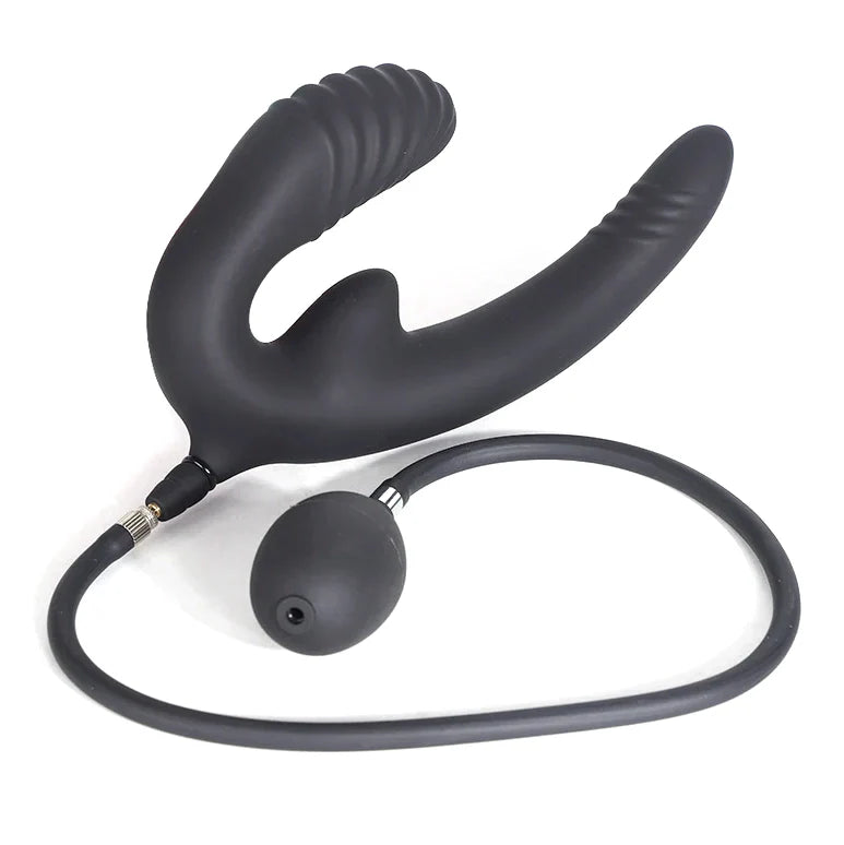 Black textured double penetration inflatable butt plug