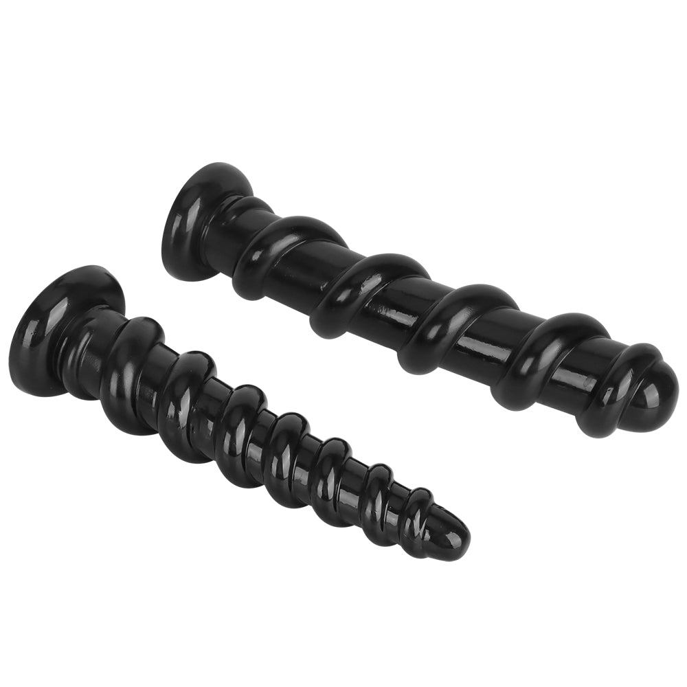 Black threaded ribbed large butt plug