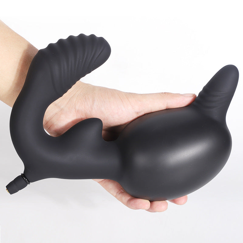 Black textured double penetration inflatable butt plug