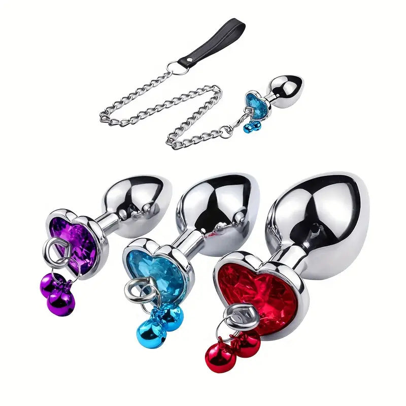Heart Shaped Bell with Leash Jeweled Butt Plugs